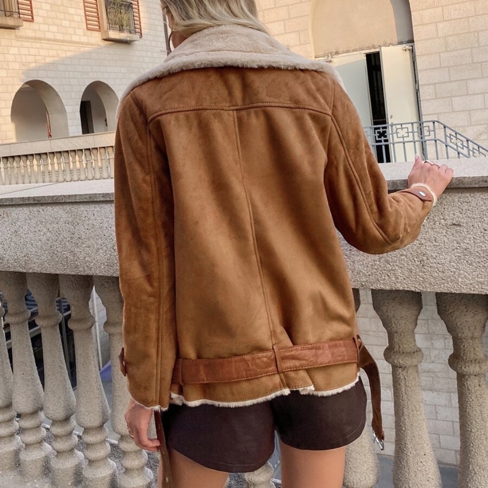 camel  teddy vegan suede belt trench coat jacket - Picture 5 of 6